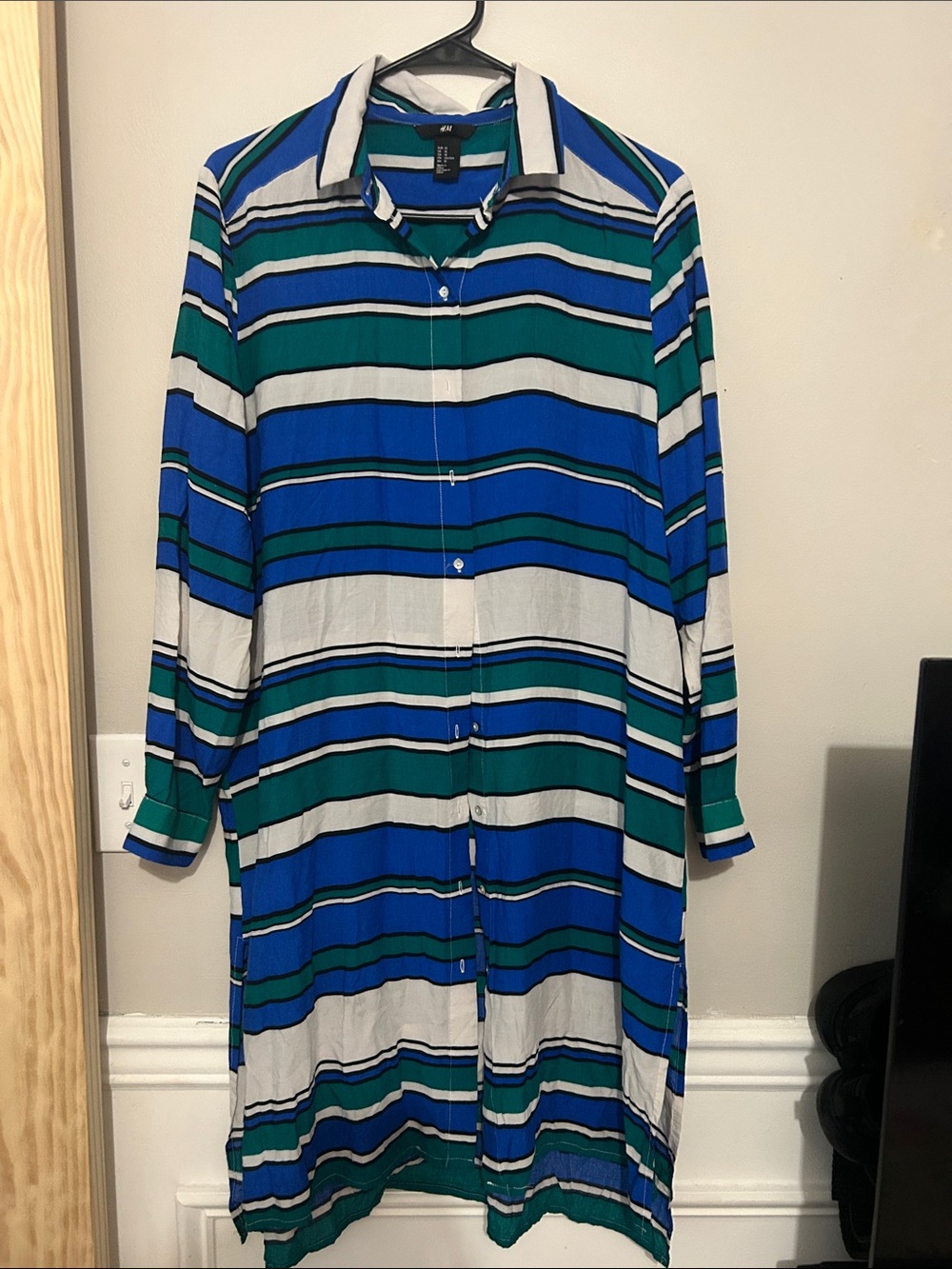 H&M Blue, Green & White Striped Long Sleeve Shirt Dress